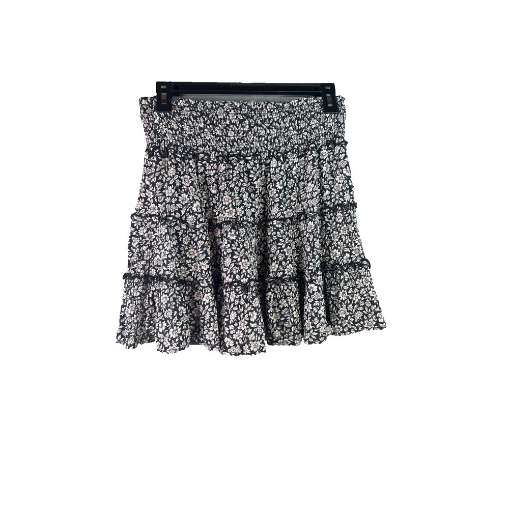 Floral Mini Skirt Smocked Ruffle Tiered Black White Cute Short Womens size‎ S
